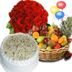 Roses with Fresh Fruits and 1/2Kg Butterscotch Cake